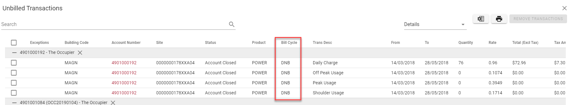 Unbilled Transaction Screen